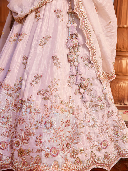 Gorgeous coral pink Tissue Fabric Sequins embroiderylehenga