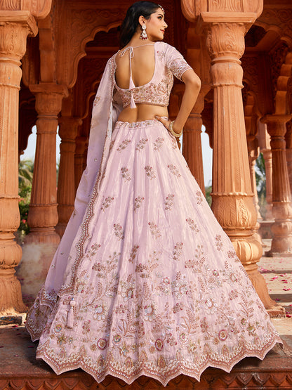 Gorgeous coral pink Tissue Fabric Sequins embroiderylehenga