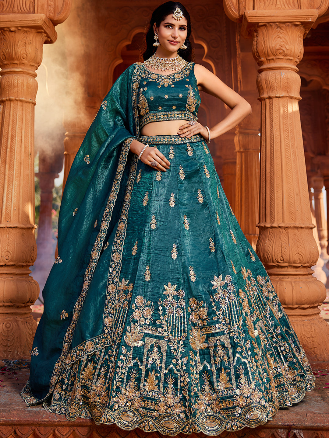 Astonishing dark green lehenga Tissue Fabric Handwork cutdana embroidery