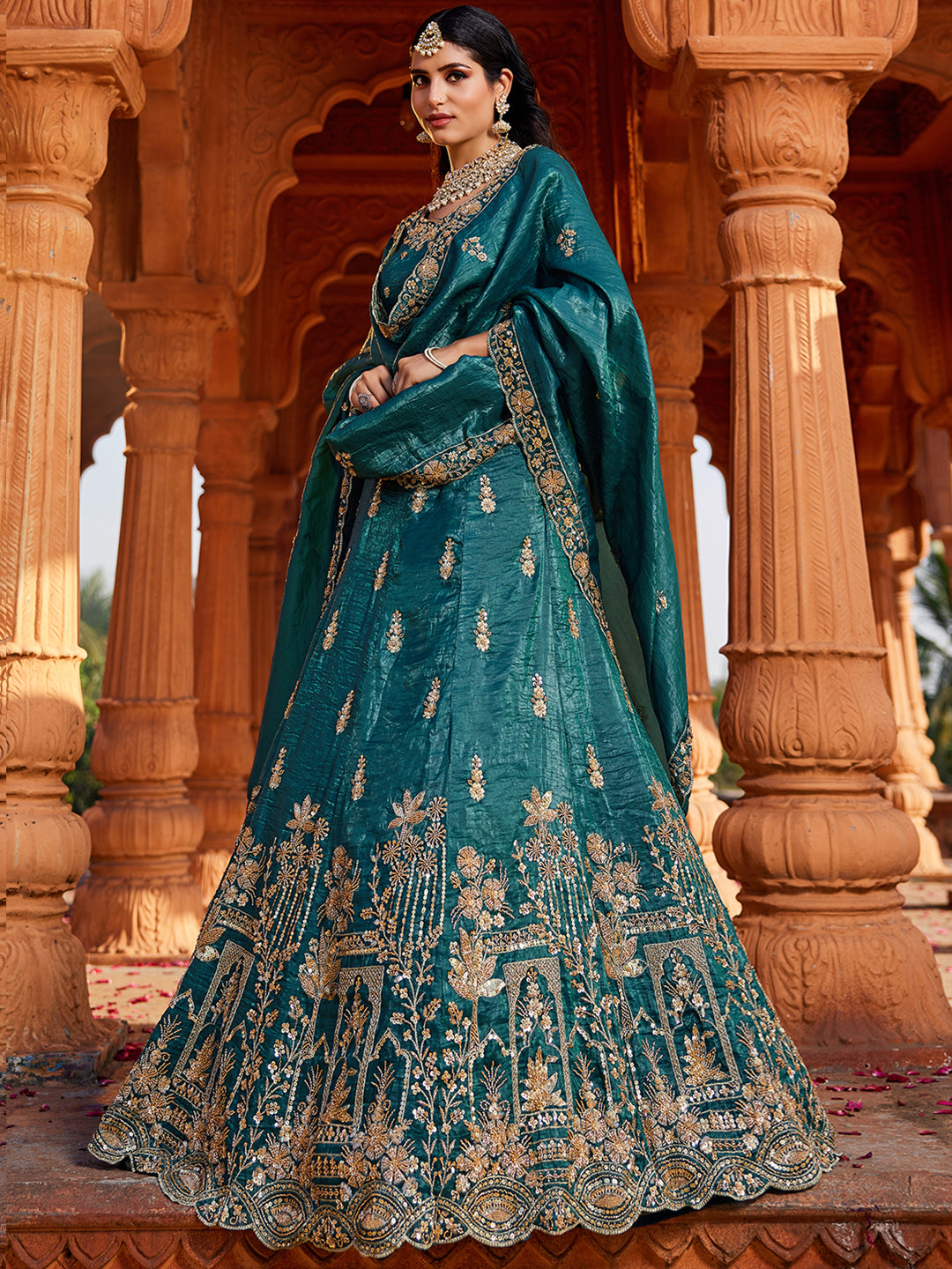 Astonishing dark green lehenga Tissue Fabric Handwork cutdana embroidery