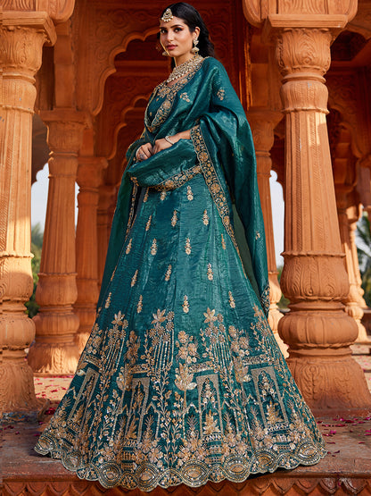 Astonishing dark green lehenga Tissue Fabric Handwork cutdana embroidery