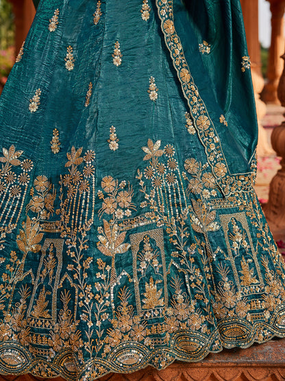 Astonishing dark green lehenga Tissue Fabric Handwork cutdana embroidery