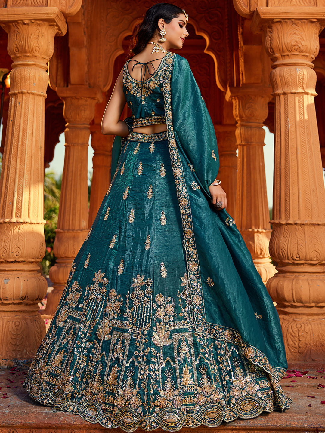 Astonishing dark green lehenga Tissue Fabric Handwork cutdana embroidery