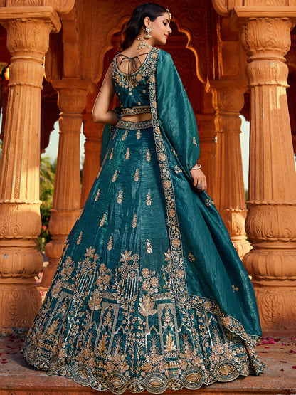 Astonishing dark green lehenga Tissue Fabric Handwork cutdana embroidery