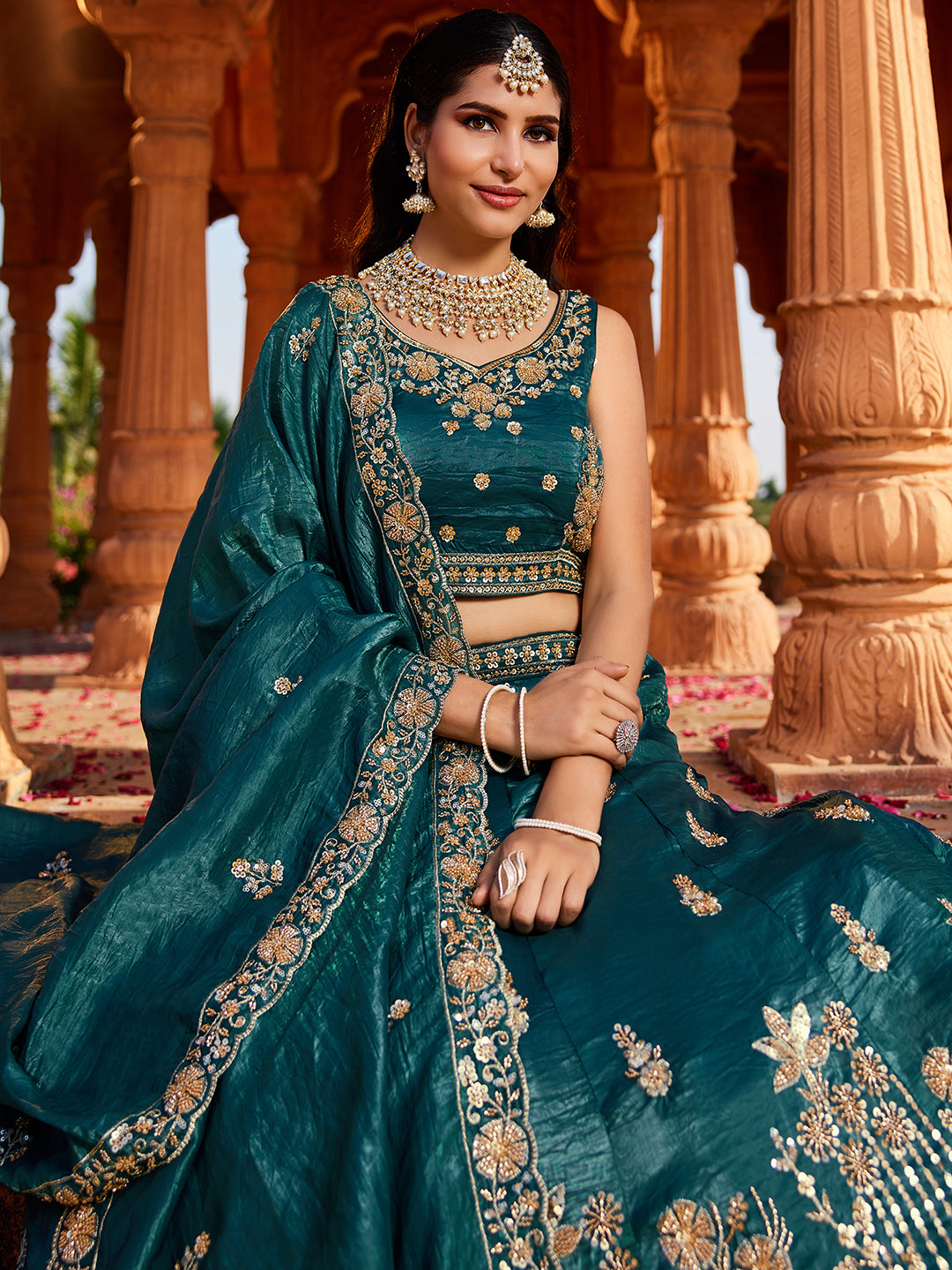 Astonishing dark green lehenga Tissue Fabric Handwork cutdana embroidery
