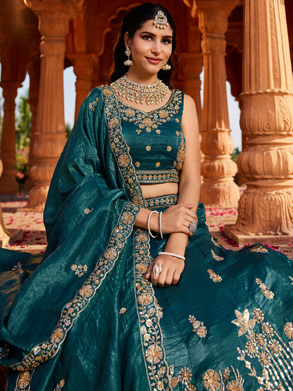 Astonishing dark green lehenga Tissue Fabric Handwork cutdana embroidery