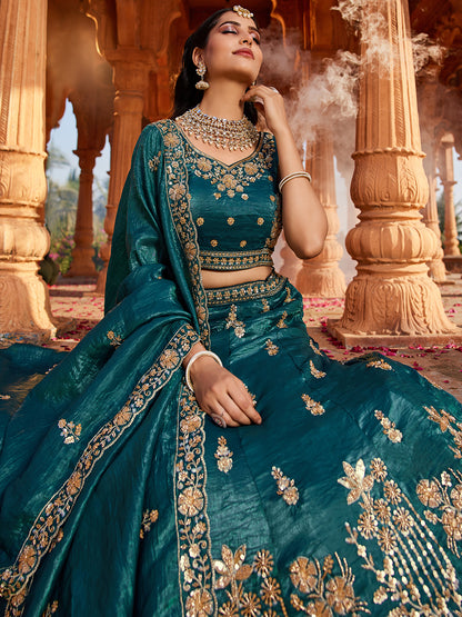 Astonishing dark green lehenga Tissue Fabric Handwork cutdana embroidery