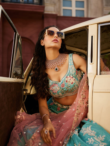 Stunning turquoise green blue pink lehenga Satin Silk Fabric Sequins embroidery