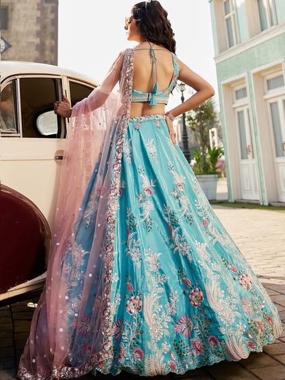 Stunning turquoise green blue pink lehenga Satin Silk Fabric Sequins embroidery