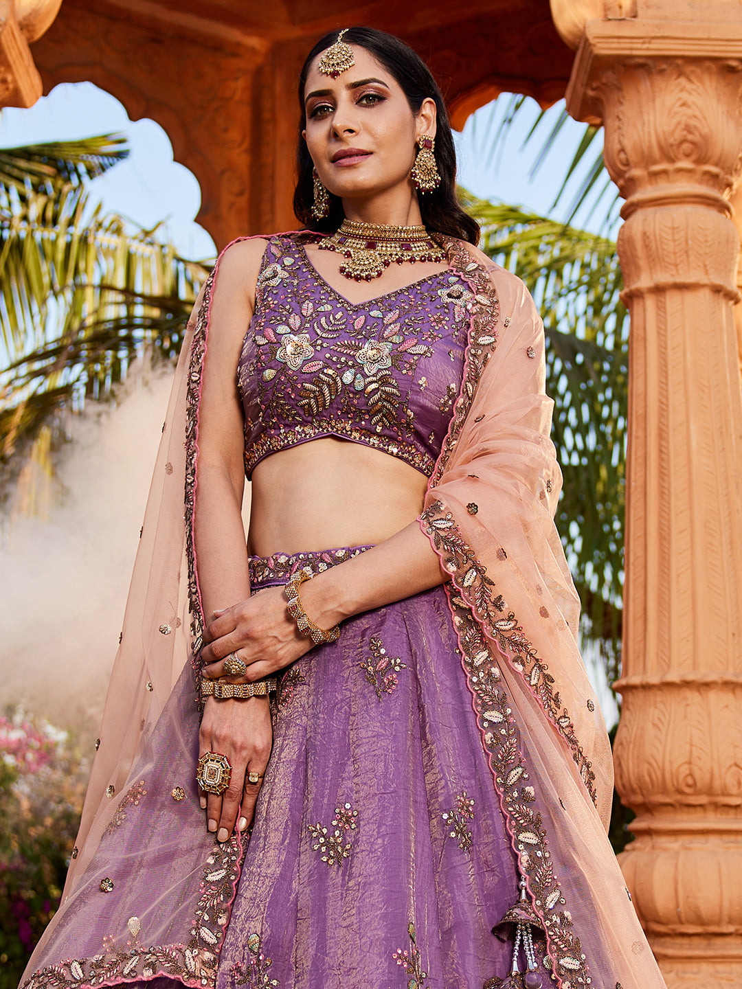 Fabulous purple pink lehenga Tissue Fabric Sequins embroidery