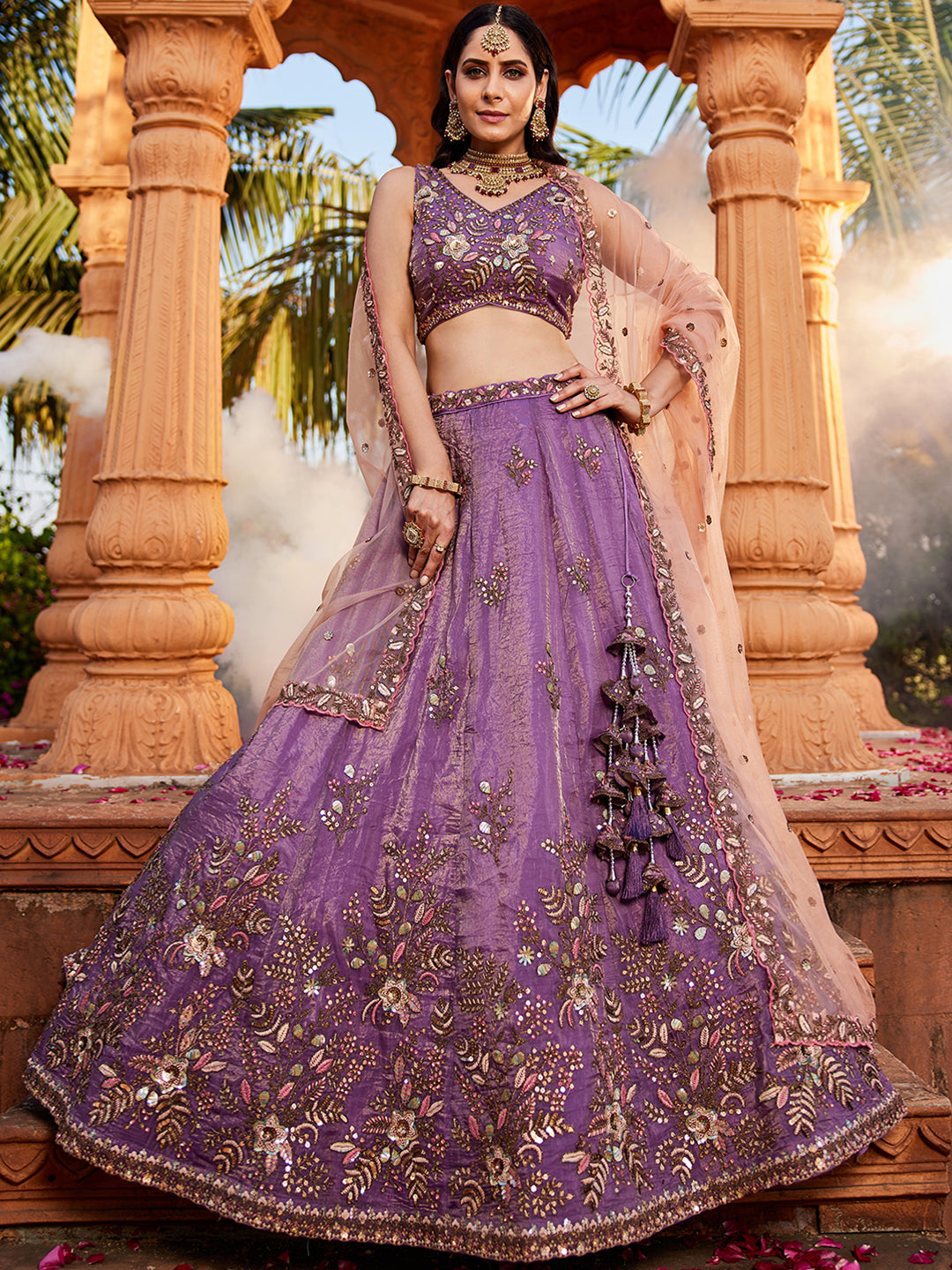 Fabulous purple pink lehenga Tissue Fabric Sequins embroidery