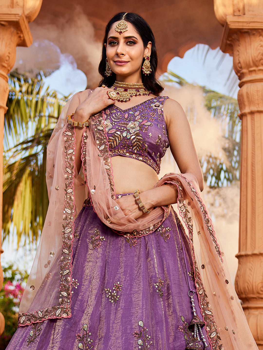 Fabulous purple pink lehenga Tissue Fabric Sequins embroidery
