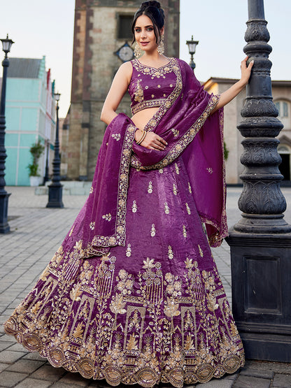 Khoobsurat onion purple pink lehenga Tissue Fabric Handwork cutdana embroidery