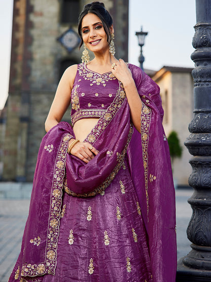 Khoobsurat onion purple pink lehenga Tissue Fabric Handwork cutdana embroidery