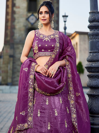 Khoobsurat onion purple pink lehenga Tissue Fabric Handwork cutdana embroidery