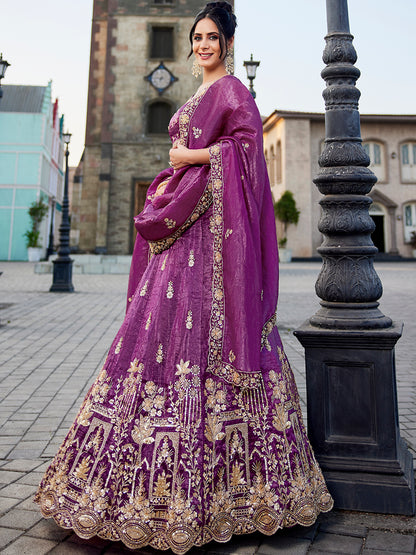 Khoobsurat onion purple pink lehenga Tissue Fabric Handwork cutdana embroidery