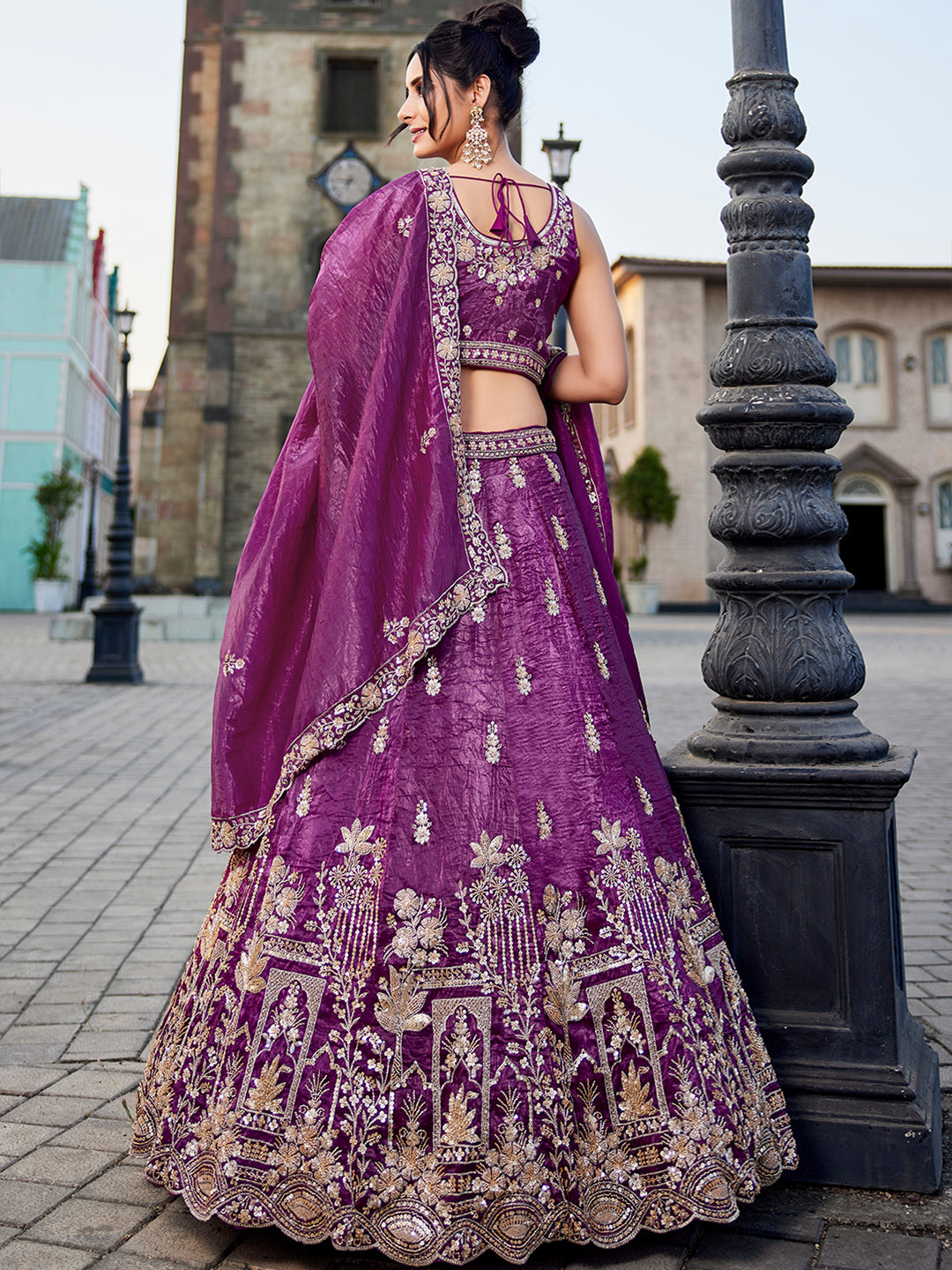 Khoobsurat onion purple pink lehenga Tissue Fabric Handwork cutdana embroidery
