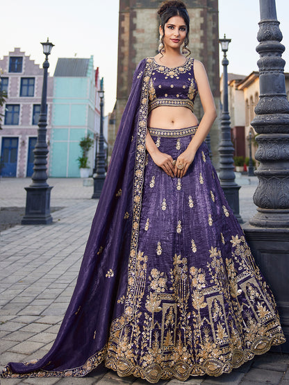 Pleasing purple lehenga Tissue Fabric Handwork cutdana embroidery