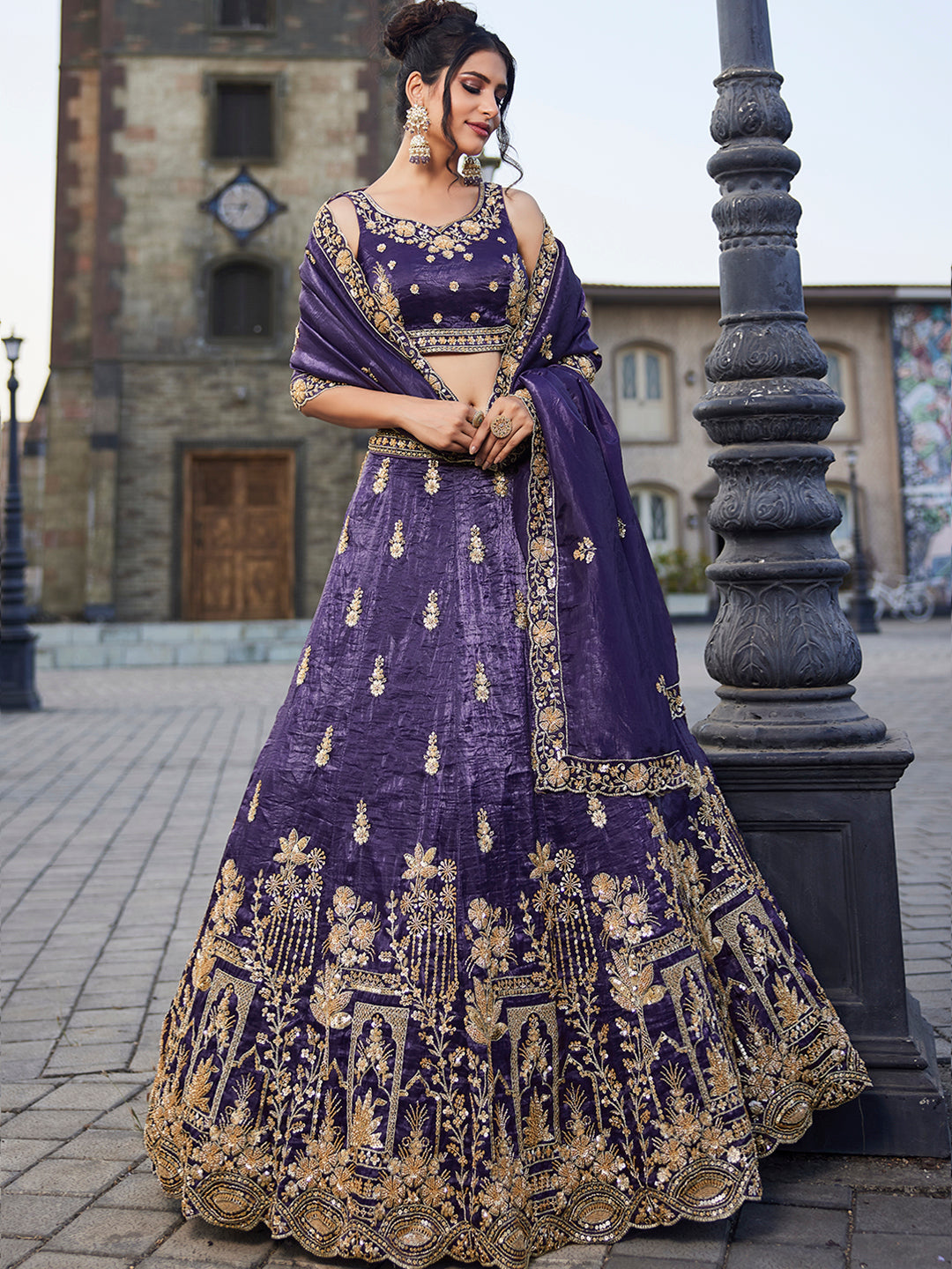 Pleasing purple lehenga Tissue Fabric Handwork cutdana embroidery