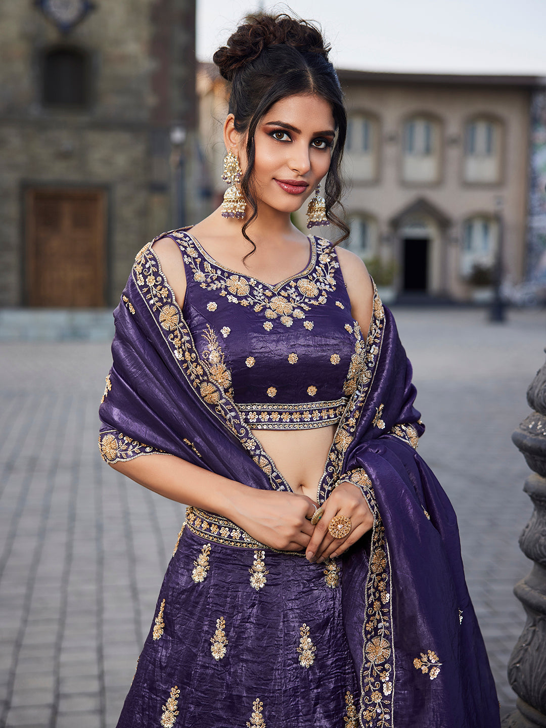 Pleasing purple lehenga Tissue Fabric Handwork cutdana embroidery