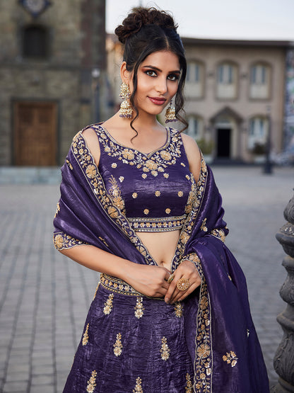 Pleasing purple lehenga Tissue Fabric Handwork cutdana embroidery