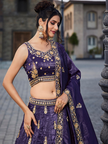 Pleasing purple lehenga Tissue Fabric Handwork cutdana embroidery