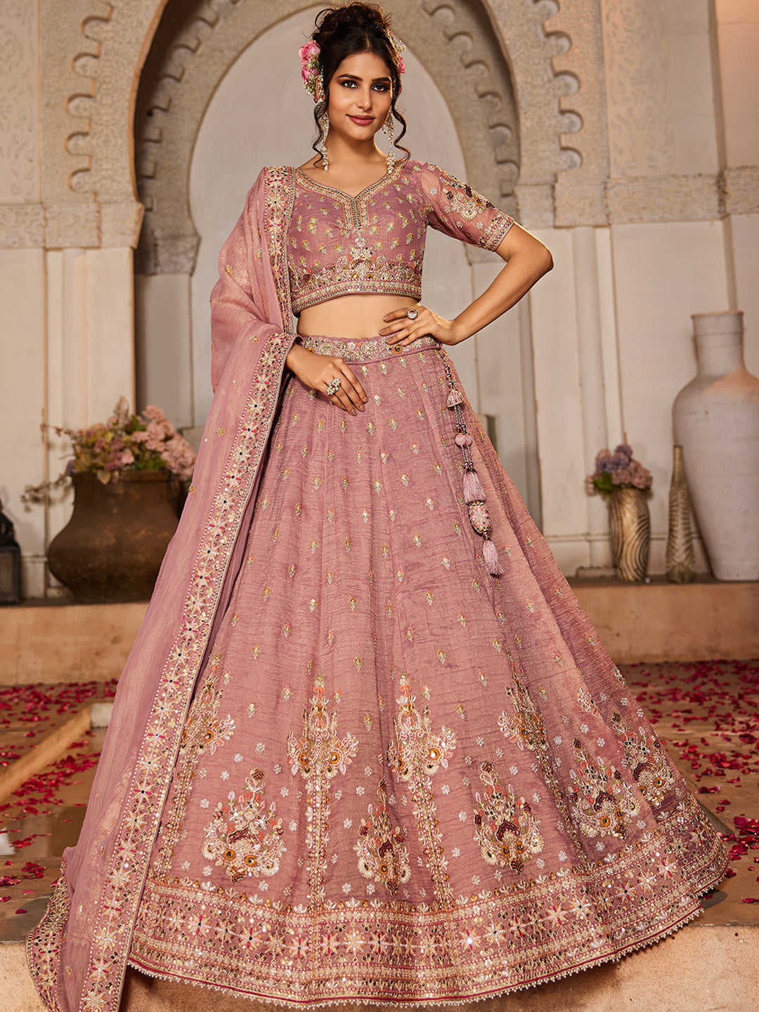 Gorgeous mauve pink lehenga Tissue Fabric Sequins embroidery