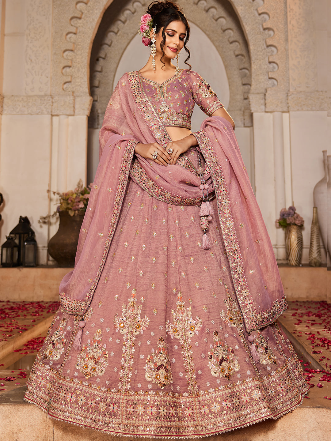 Gorgeous mauve pink lehenga Tissue Fabric Sequins embroidery