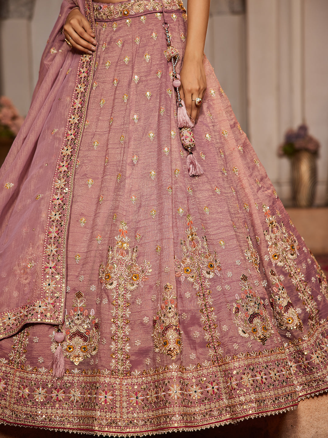 Gorgeous mauve pink lehenga Tissue Fabric Sequins embroidery