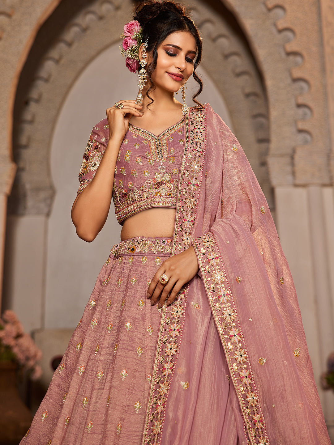 Gorgeous mauve pink lehenga Tissue Fabric Sequins embroidery