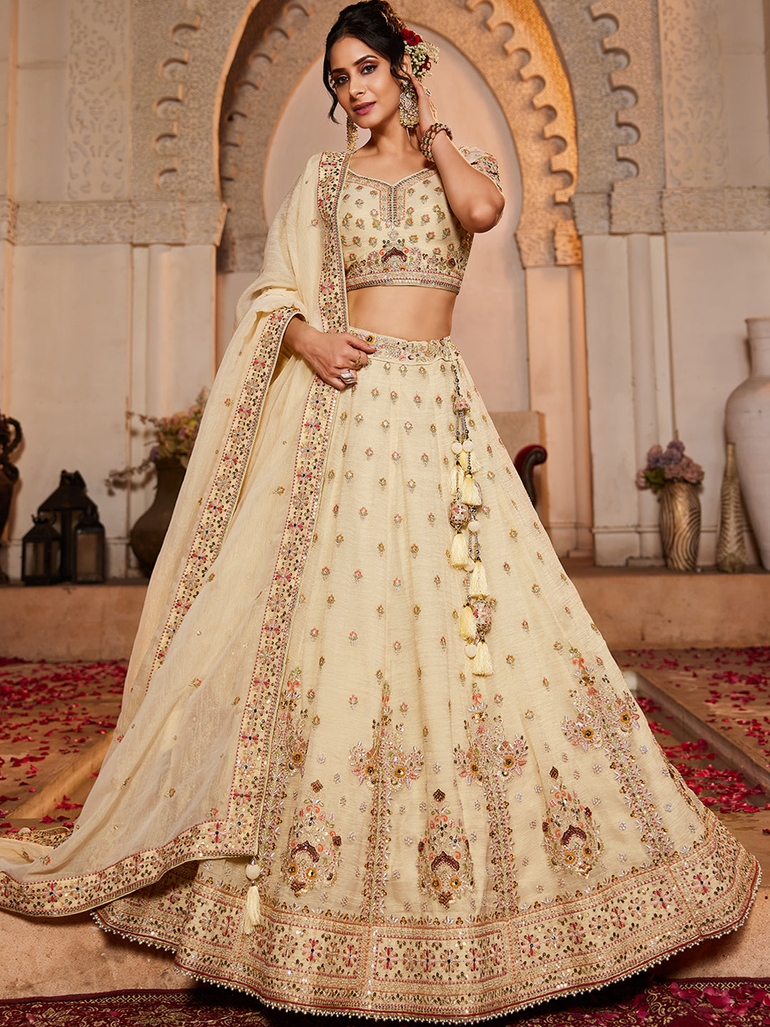 Lavishing cream off white lehenga Tissue Fabric Sequins embroidery