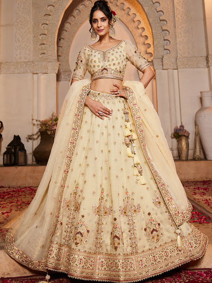 Lavishing cream off white lehenga Tissue Fabric Sequins embroidery