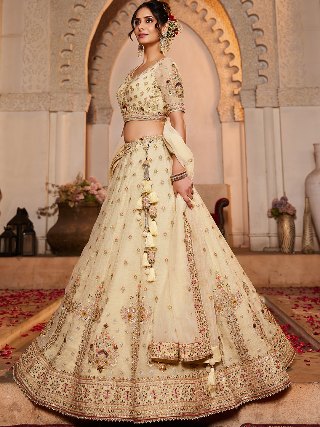 Lavishing cream off white lehenga Tissue Fabric Sequins embroidery
