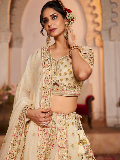 Lavishing cream off white lehenga Tissue Fabric Sequins embroidery