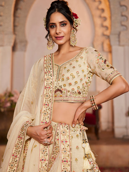 Lavishing cream off white lehenga Tissue Fabric Sequins embroidery