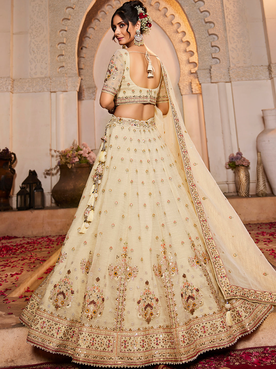 Lavishing cream off white lehenga Tissue Fabric Sequins embroidery