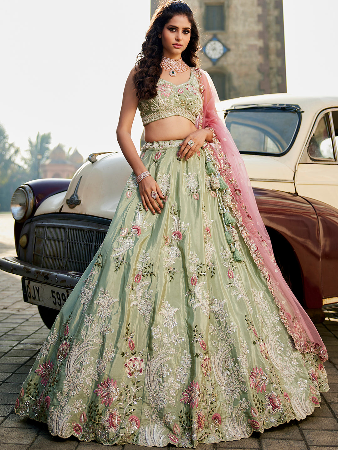 Astonishing pista green lehenga Satin Silk Fabric Sequins embroidery