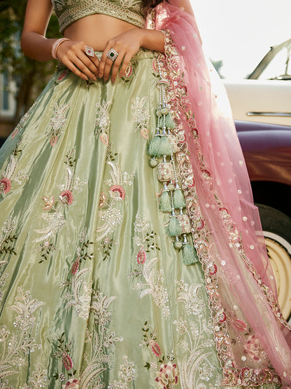 Astonishing pista green lehenga Satin Silk Fabric Sequins embroidery