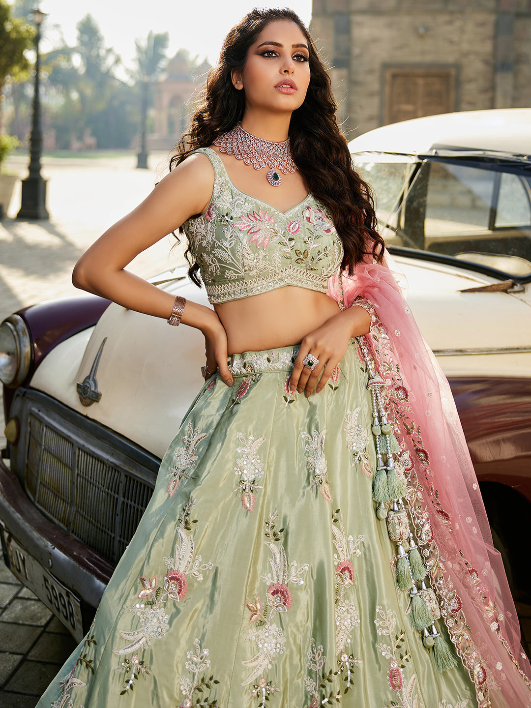 Astonishing pista green lehenga Satin Silk Fabric Sequins embroidery