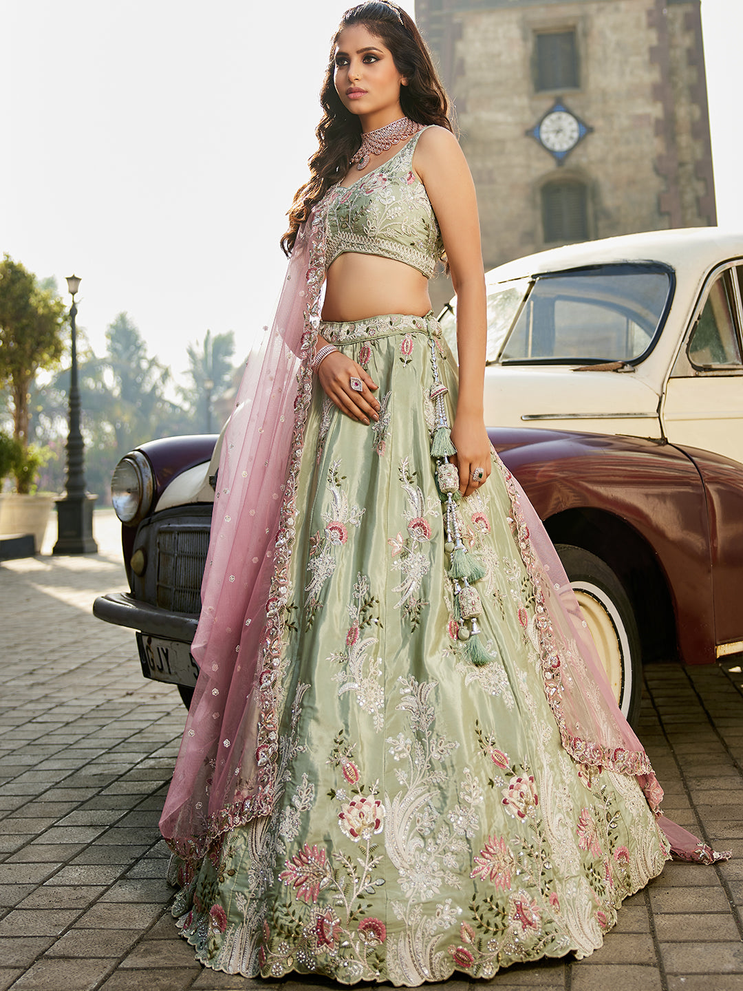 Astonishing pista green lehenga Satin Silk Fabric Sequins embroidery