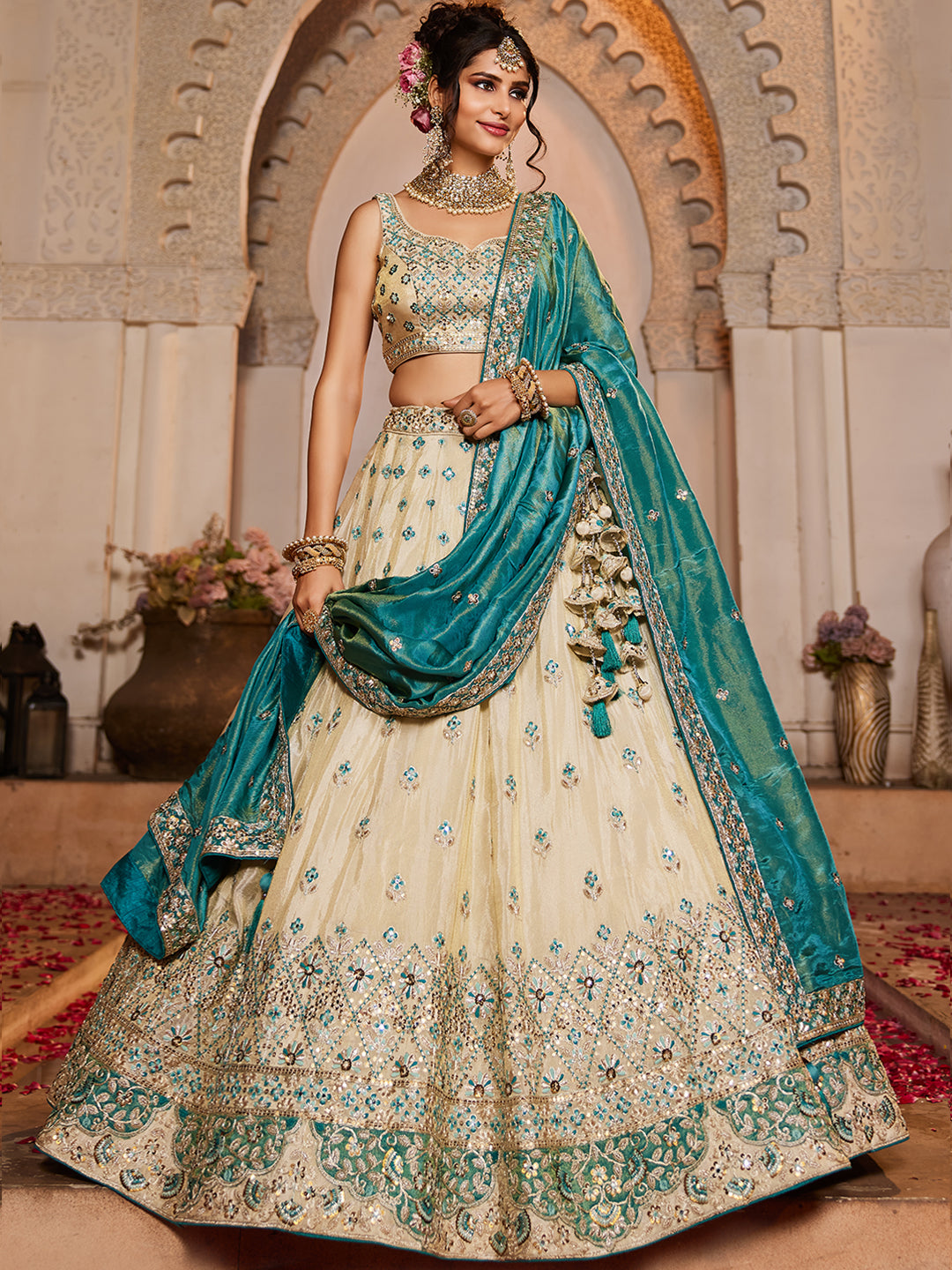 Khoobsurat cream blue lehenga