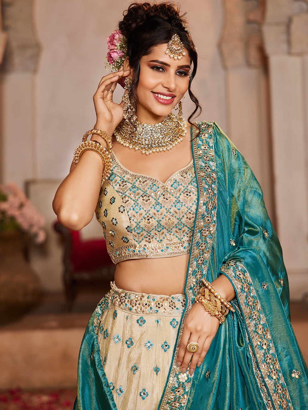 Khoobsurat cream blue lehenga