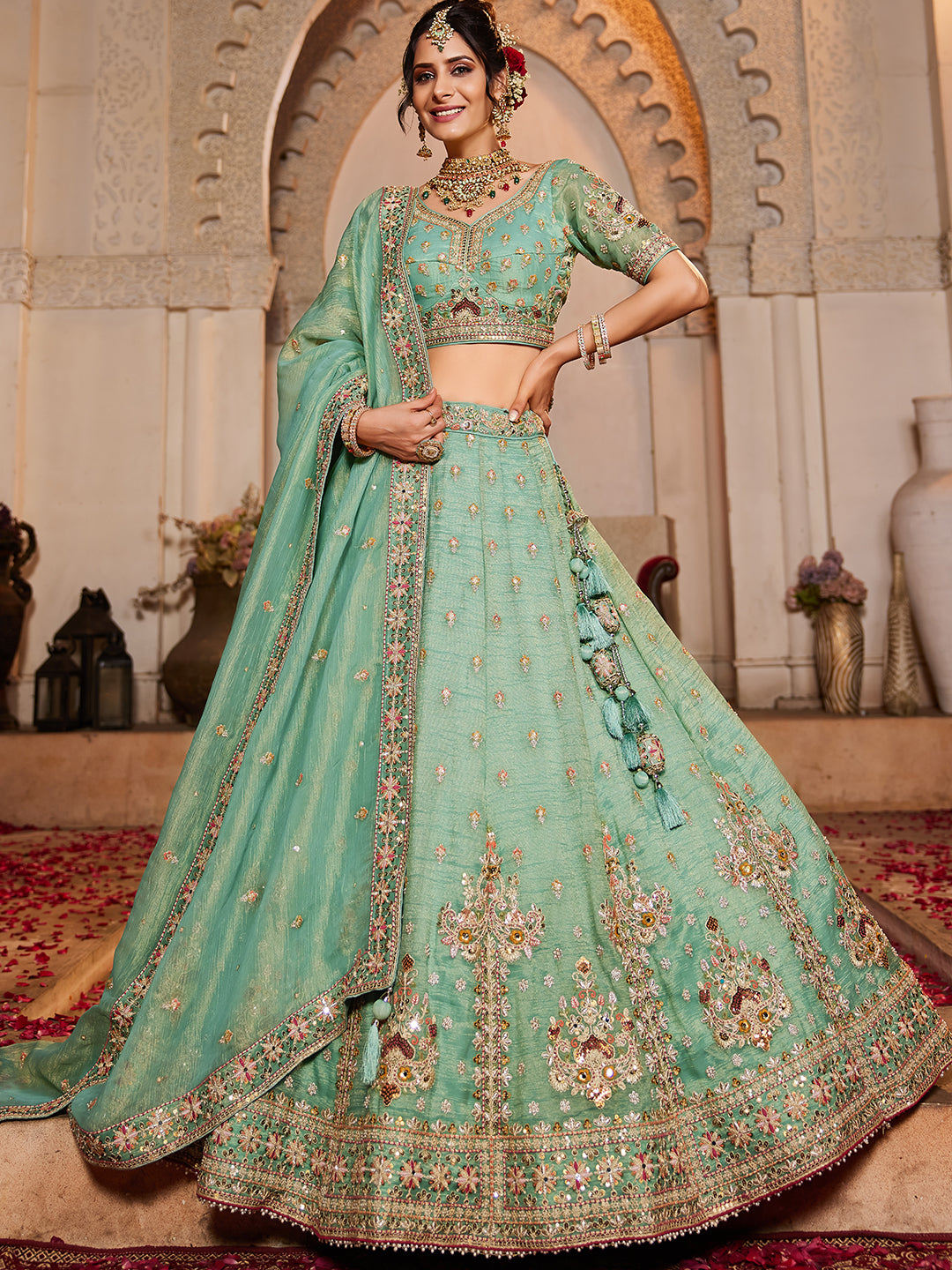 Something desginer pista lime green lehenga Tissue Fabric Sequins embroidery