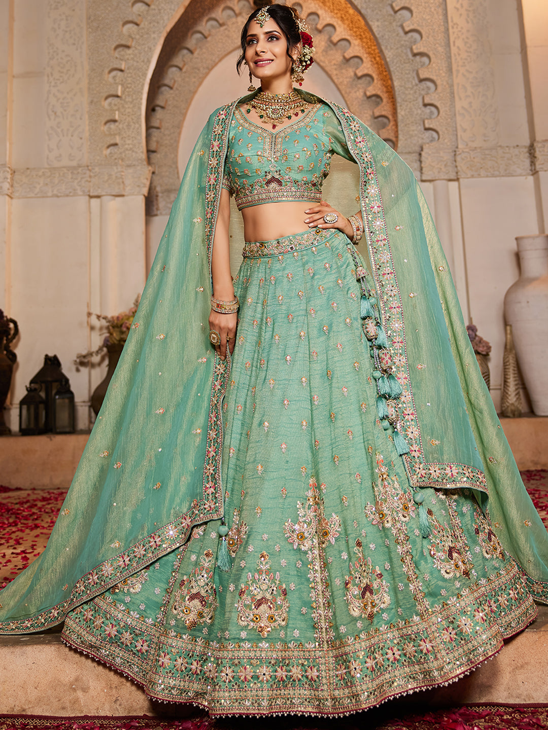 Something desginer pista lime green lehenga Tissue Fabric Sequins embroidery