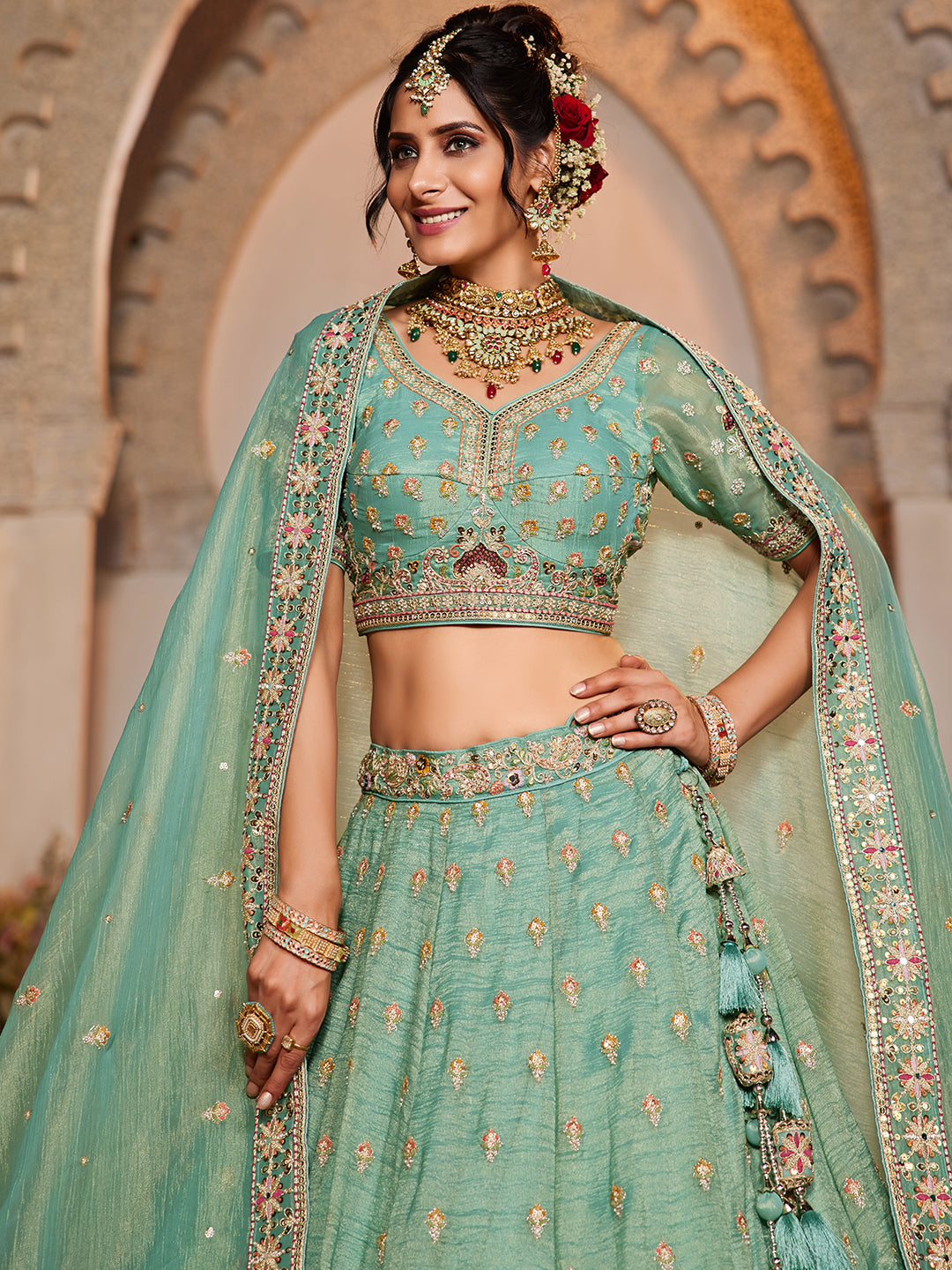 Something desginer pista lime green lehenga Tissue Fabric Sequins embroidery