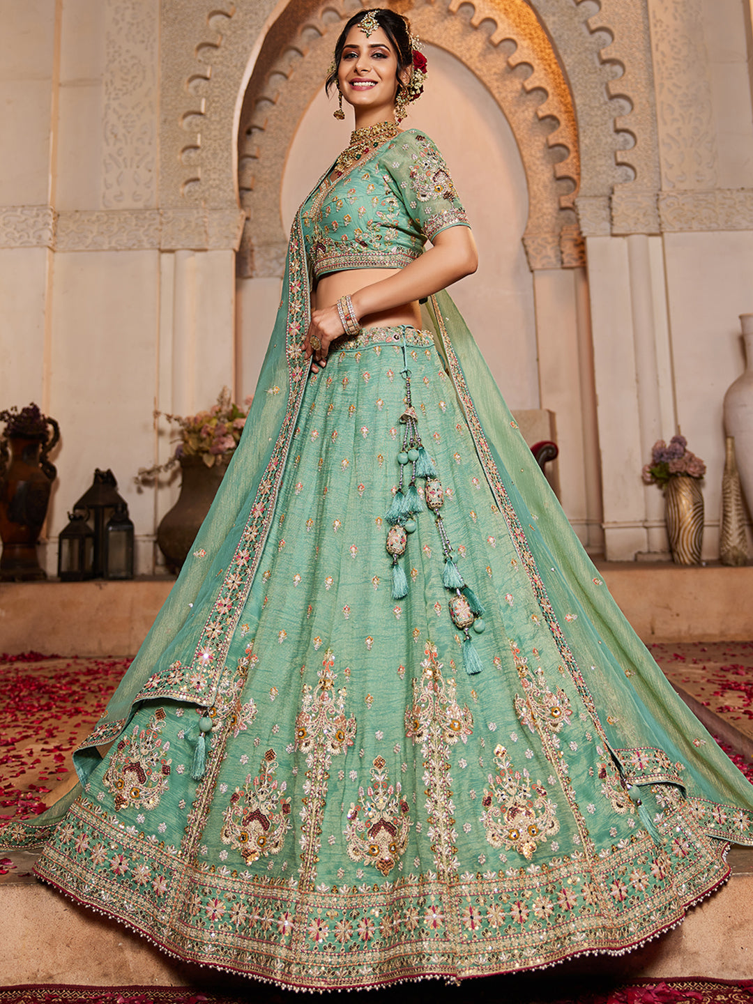 Something desginer pista lime green lehenga Tissue Fabric Sequins embroidery