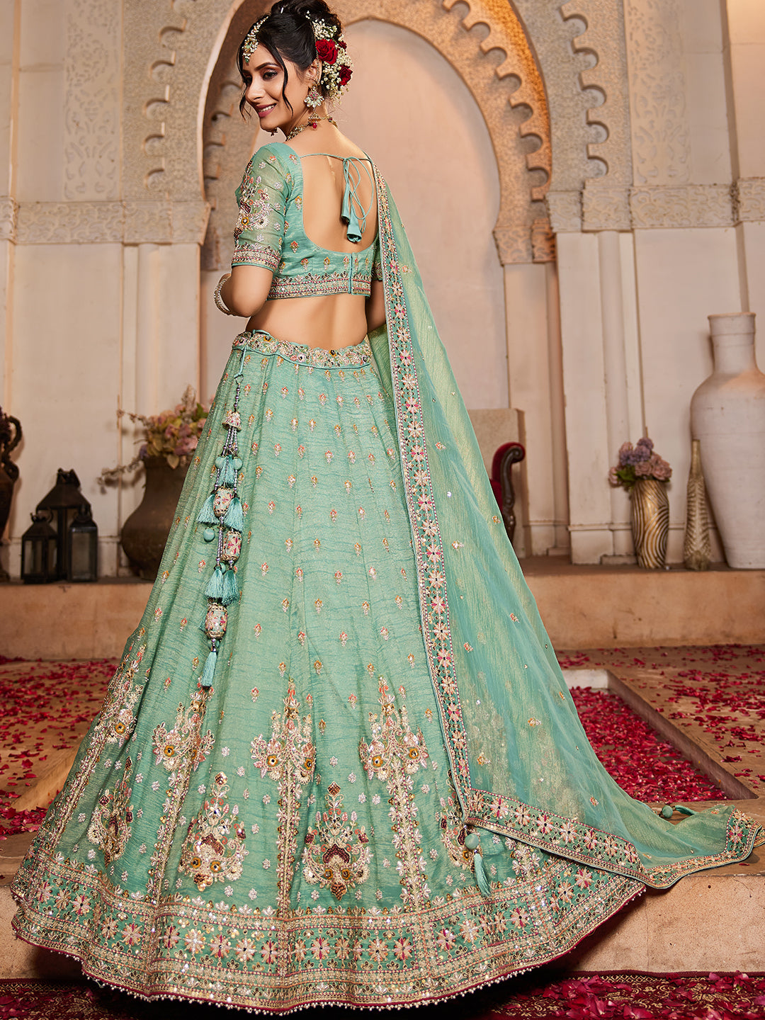 Something desginer pista lime green lehenga Tissue Fabric Sequins embroidery