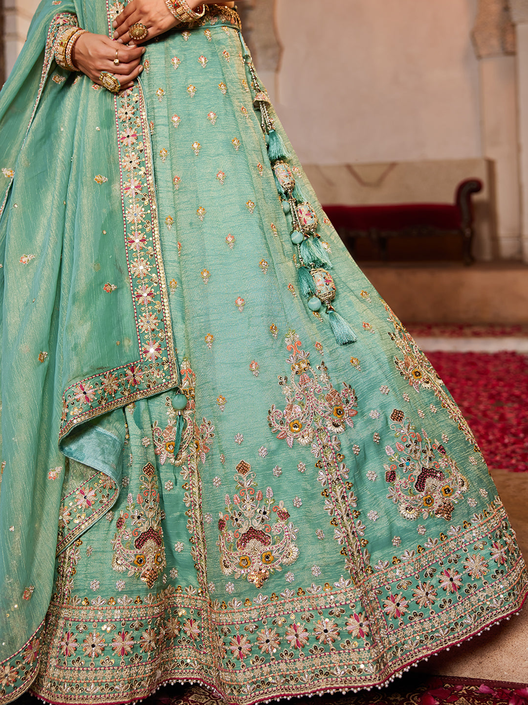 Something desginer pista lime green lehenga Tissue Fabric Sequins embroidery
