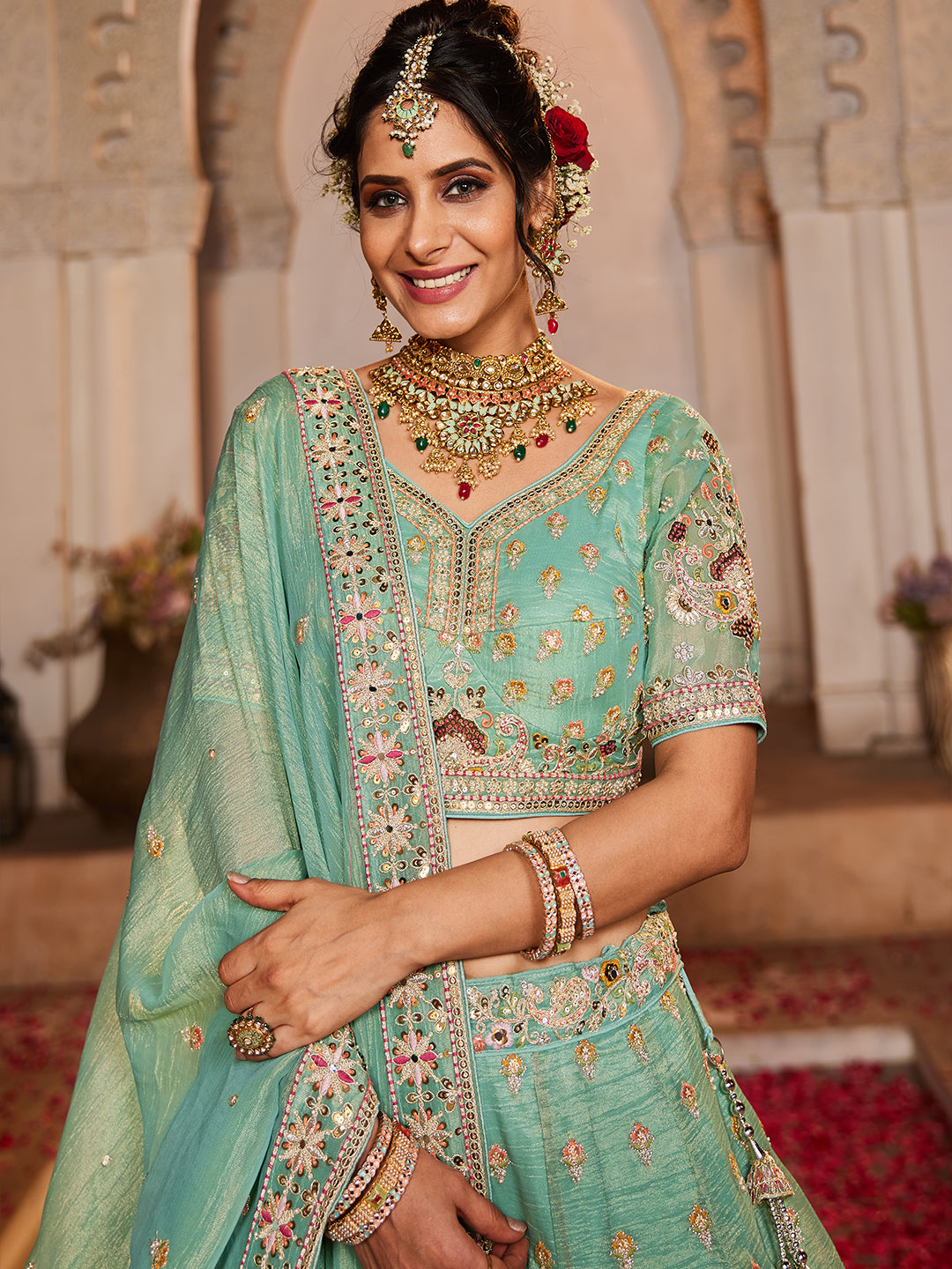 Something desginer pista lime green lehenga Tissue Fabric Sequins embroidery