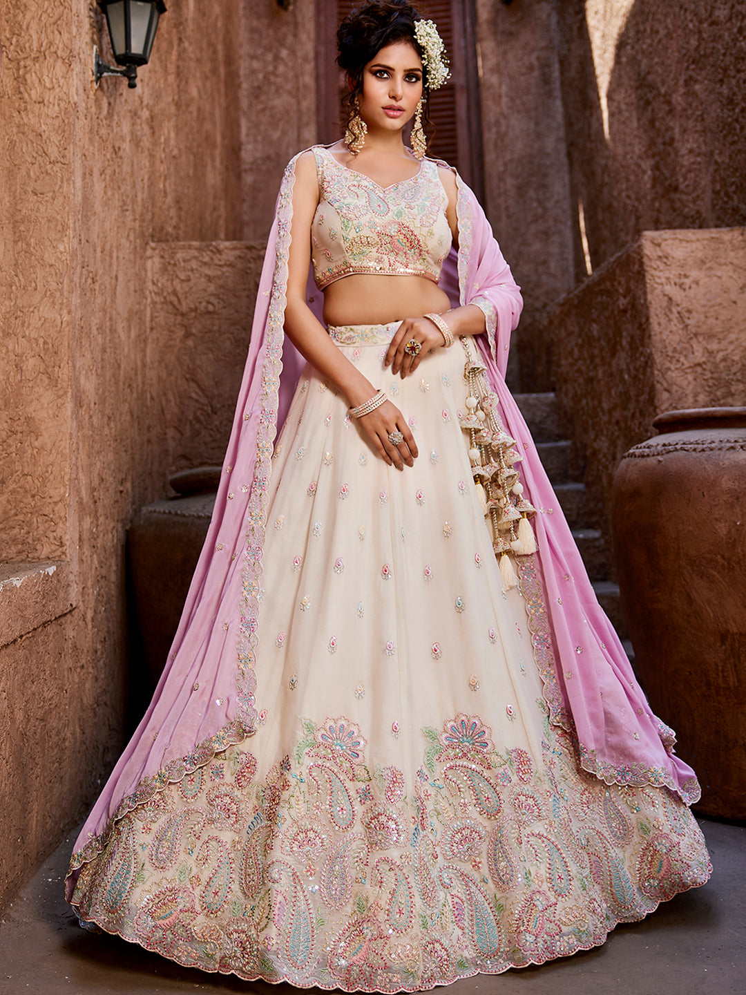 Engaging white pink lehenga Satin Silk Fabric Sequins embroidery